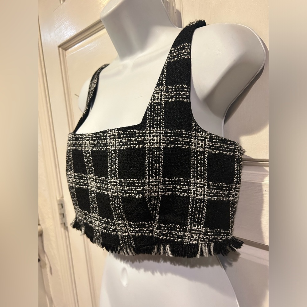 House of Harlow 1960 Black & White Plaid Checkered Frayed Hem Crop Top Medium
